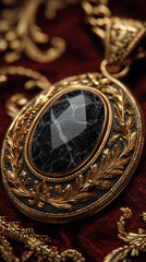 Antique Pendant's Timeless Allure: An ornate antique pendant with an elegant design. a beautiful black gem is encased within a detailed golden frame on a textured, luxurious red cloth.