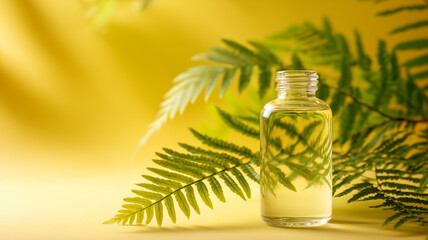 Soft focus image of minimalist glass bottle beside fern leaves on yellow background peaceful still life real photo stock photography