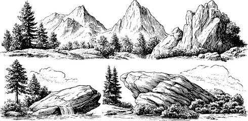 Alpine landscape with jagged cliffs and meadow slopes for nature illustration and print design