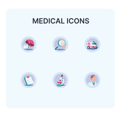 Flat Pastel Style Medical,Healthcare & Hospital Elements Icons Vector Set – Neurologic Care,Orthopedic Examination,Ambulance,Medical Clipboard,Microscope,Professional Doctor.