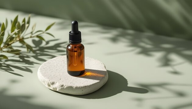 Amber Glass Dropper Bottle on Wooden Shelf with Olive Background