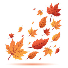 Naklejka premium Colorful autumn leaves in various shapes and sizes floating against a white background. The leaves display shades of orange, yellow, and red, symbolizing fall.