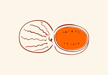minimalist line art illustration of a whole watermelon and a slice