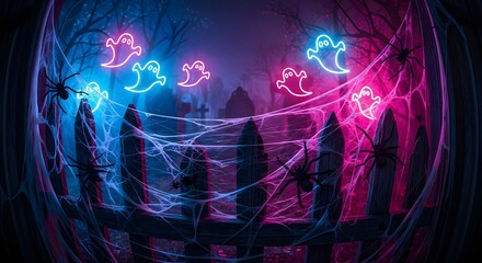 Neon ghosts and spiders on a spooky fence covered in cobwebs. Halloween theme for celebrations and seasonal designs.