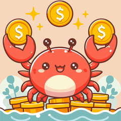 A cheerful cartoon crab proudly displays golden coins, sitting atop a pile of wealth.