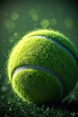 A close-up of a vibrant green tennis ball resting on grass, with soft lighting and bokeh effects creating a sense of depth and focus on the fuzzy texture of the ball.