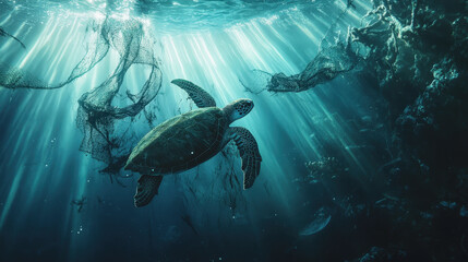 Fototapeta premium An artistic underwater scene featuring a sea turtle swimming gracefully, illuminated by sunbeams, amidst dark, ominous ghost nets, highlighting marine pollution