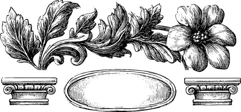 Art nouveau leaf and regency oval scroll set for elegant design or decoration