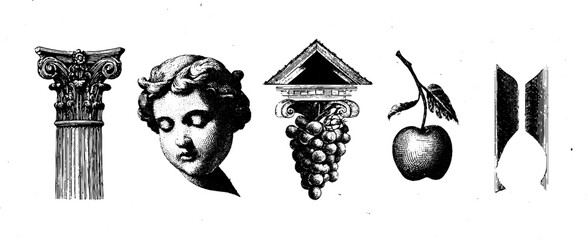 Baroque elements collection: column, cherub, grapes, apple, and roof motif for decorative design