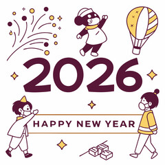 Big Set of 2026 Happy New Year logo text design. 2026 number design template. Collection of 2026 Happy New Year symbols. Vector illustration with black labels isolated on white background.