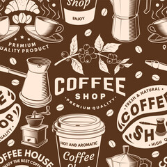 Coffee shop seamless pattern or background. Vector Seamless scene with paper coffee cup, branch of coffee tree, grinder silhouette. Coffee shop background for wallpaper or wrapper