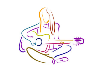 colorful minimalist line art illustration depicting a person with flowing hair playing an acoustic guitar
