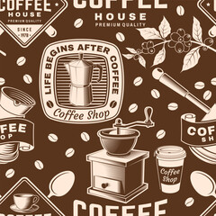 Coffee shop seamless pattern or background. Vector Seamless scene with paper coffee cup, branch of coffee tree, grinder silhouette. Coffee shop background for wallpaper or wrapper