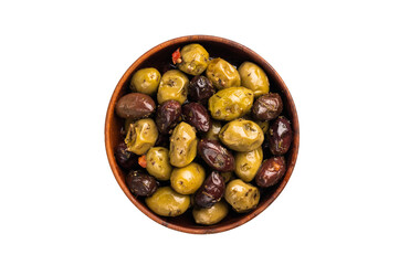 Black and green pickled olives in wooden bowl isolated on white background.