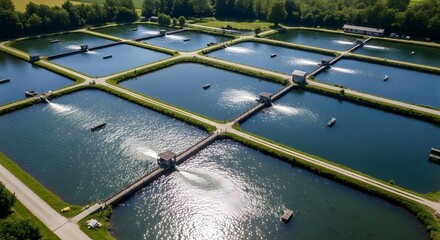 Aerial view of a large fish farm with many rectangular ponds. Aquaculture for fish cultivation. Sustainable production.