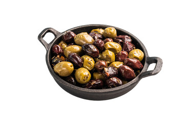 Black and green pickled olives in skillet isolated on white background.