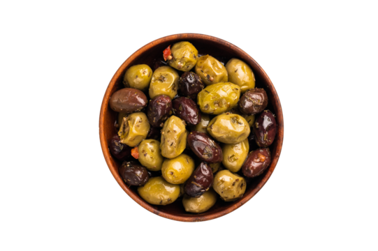 Black and green pickled olives in wooden bowl isolated on white background. - Powered by Adobe