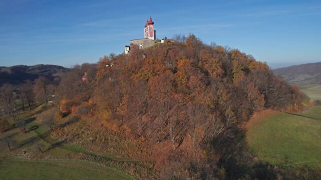 Flying around of The Calvary of Banska Stiavnica, Slovakia, a complex of churches and chapels on Scharfenberg Hill.