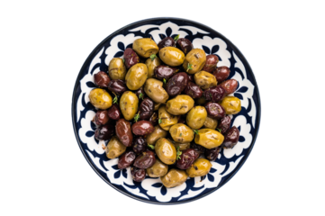 Mix olives with herbs and oil in plate isolated on white background.