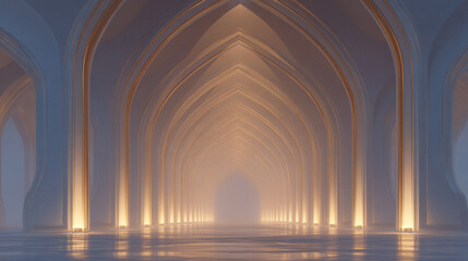 Fototapeta premium Infinity arch hallway, symmetrical 3D arches in muted gold fading into soft fog