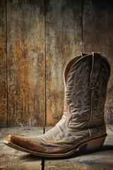 A single worn cowboy boot on a dusty wooden floor, subtle lighting, faded barn wall in the background copy space