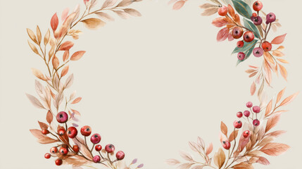 Obraz premium autumn leaves and berries forming a wreath shape on a neutral space