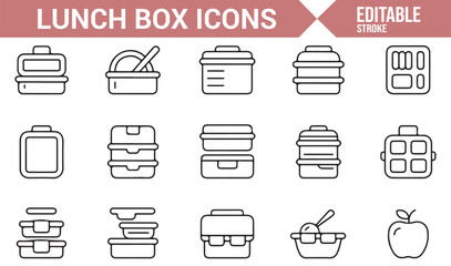 Set of Lunch Box Icons Featuring Bento, Meal Prep, and Food Storage Containers