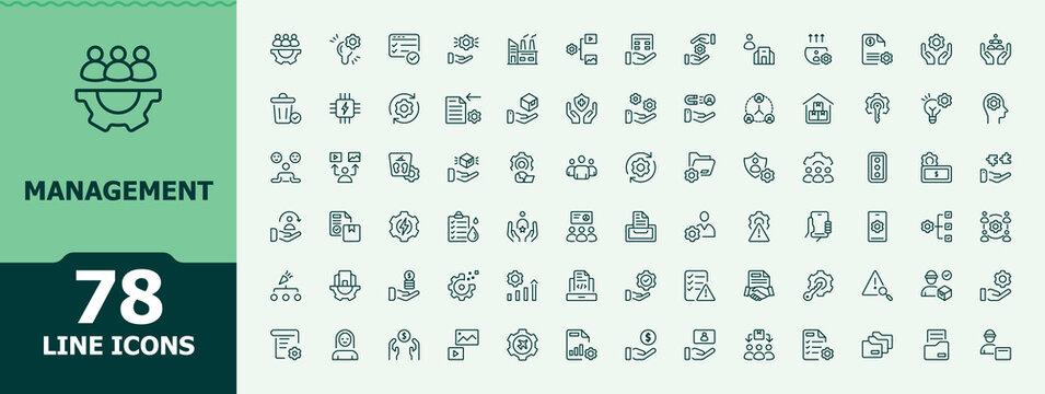 Management icon set. Minimalist icons pack. Editable vector art. Resource modern icon set. Includes symbols for resource, people, business, teamwork, leader, manager, team and more.