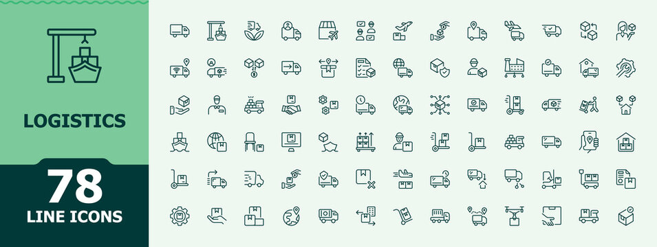 Logistics vector line icon set. Minimalist icons collection. Contains such symbols as transportation, export, shipping, operation, plane. Vector artwork and illustration. Container vector icon set.