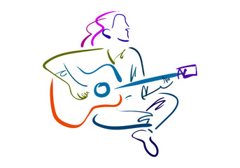 colorful minimalist line art illustration depicting a person with flowing hair playing an acoustic guitar