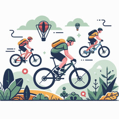 Fototapeta premium Three cyclists with backpacks are biking outdoors with trees balloons and stylized scenery