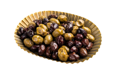 Marinated pickled mix olives in kitchen tray isolated on white background.
