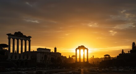Fototapeta premium Roman ruins at sunrise. Silhouettes of ancient structures against a vibrant sunrise
