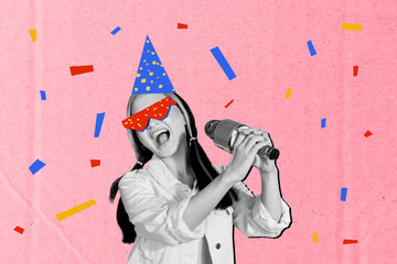 Trend artwork creative 3D photo collage of happy birthday party celebration portrait young lady...