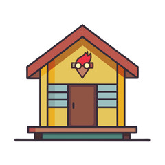 A charming cartoon house with a stylized torch logo stands on grass