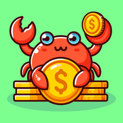 Cute cartoon crab holding a coin on a stack of gold coins, symbolizing wealth.