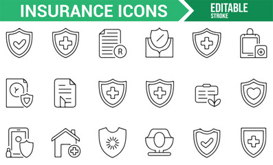 Minimalist Insurance Icons Set: Shield, Documents, Claims, Health, and Protection