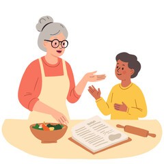 Elderly woman teaching recipe. Grandmother cooking with grandchildren. Family tradition and senior wisdom in kitchen. Senior sharing old family recipe with kids. Elderly set