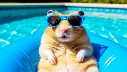 A cute golden hamster wearing blue sunglasses relaxes on a float in a swimming pool. The water is clear and inviting, creating a fun summer vibe.
