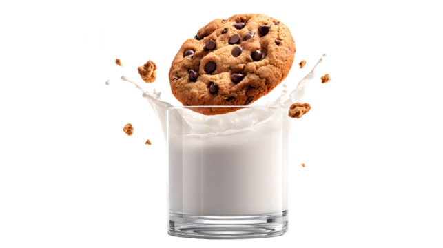 Fresh chocolate chip cookie plunging into glass of milk creating splash of liquid