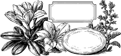 Vintage floral ink stamp frames and box lid design for custom labels and stationery