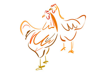 This image features a simplified, light-colored illustration of a hen