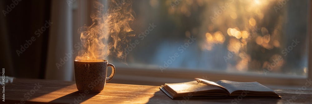 Aufkleber Golden Hour Light Illuminates a Steaming Mug and an Open Journal by the Window, Creating a Cozy Atmosphere for Reflection and Relaxation