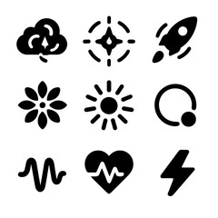 Creative Loading Icons. Solid style icons of creative loading symbols: cloud spinner, compass rotation, rocket spinning, flower
