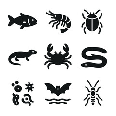 Naklejka premium Aquatic Cave Wildlife Icons. Solid style icons of aquatic cave wildlife: blind fish, cave shrimp, water beetle, underground