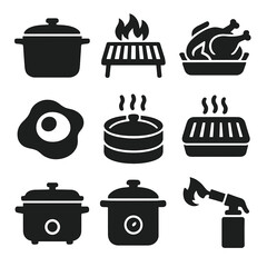 Cooking Technique Icons. Solid style icons of cooking techniques: braising pot, grilling rack, roasting icon, poaching egg,