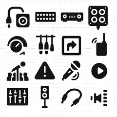 Obraz premium Live Sound Equipment Icons. Solid style icons of live sound: audio snake connector, patch bay icon, power amplifier block, stage