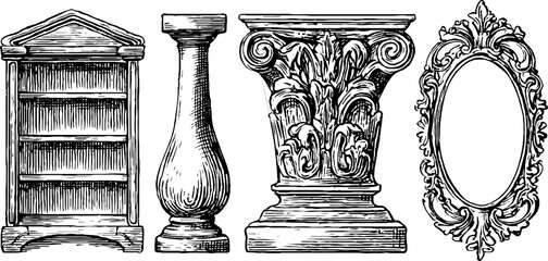 Vintage design elements: eclectic bookshelf, ornate pedestal, and decorative frame