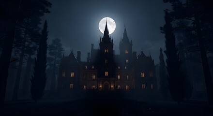 Haunted mansion on a dark Halloween night with gothic architecture and glow from full moon for a spooky event card.