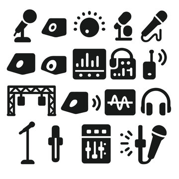 Live Sound Icons. Solid style icons of live sound: talkback mic icon, side fill speaker, input trim knob, mic placement icon,